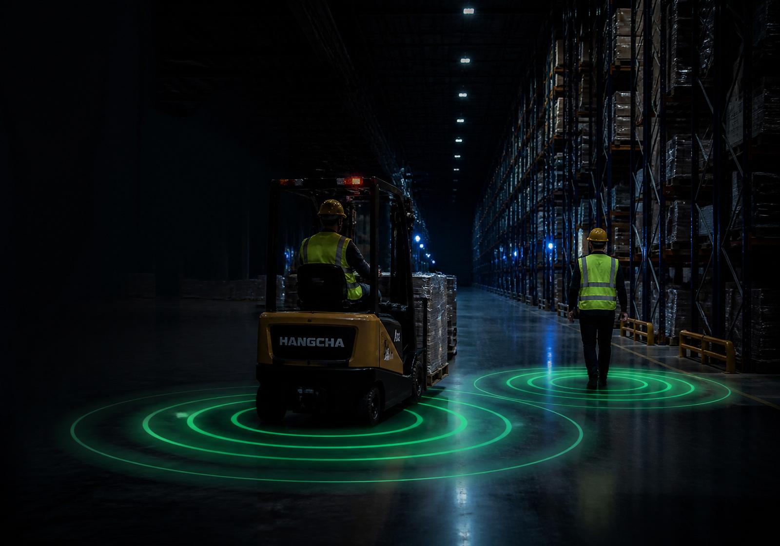 Warehouse operation with forklift and pedestrian showing awareness zones